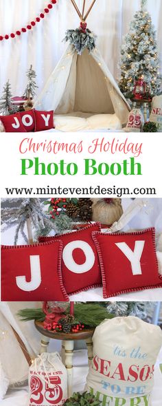 christmas holiday photo booth with red and white pillows, trees, presents and other decorations