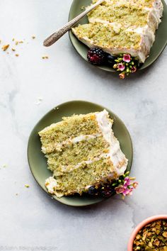 two plates with slices of cake on them