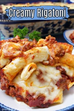 a white plate topped with lasagna covered in sauce and cheese next to a bowl of pasta