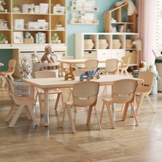 a child's playroom with wooden furniture and toys