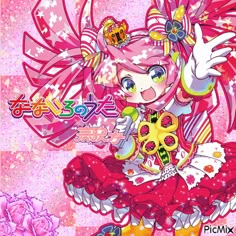 an anime character with pink hair and dress