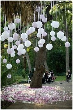 a group of people sitting under a tree with white balls hanging from it's branches