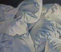 an oil painting of white sheets on a black background