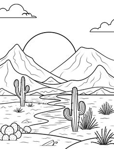 a desert scene with cactus and mountains in the background