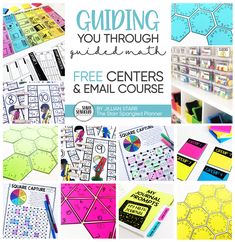 a collage of pictures with the text guiding you through math centers and email course