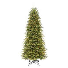 a green christmas tree with white lights on the top and black stand against a white background