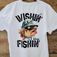 Brand New Wishing I Was Fishing Tee Size Youth Medium Summer Fishing Tops With Crew Neck, White Casual Shirt With Fish Print, White Cotton Shirt With Fish Print, Casual Crew Neck Shirt For Fishing, Casual White Fish Print Top, Casual Pre-shrunk T-shirt For Fishing, White Cotton T-shirt With Fish Print, Graphic Print Shirt For Fishing In Summer, White T-shirt For Spring Outdoor Activities