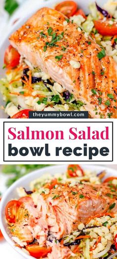 salmon salad in a bowl with tomatoes, lettuce and olives on the side