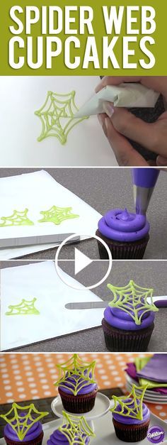 spider web cupcakes with purple frosting and green sprinkles