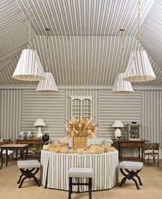 a dining room with striped walls and chairs around a round table surrounded by four lamps