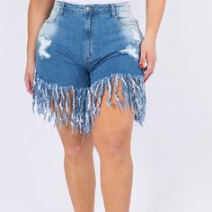 Plus Size Denim Fringe Shorts Fringe Denim Jean Shorts, Fringe Denim Cutoff Jean Shorts, Fringe Cotton Shorts, Spring High-waist Fringe Shorts, Denim Fringe Shorts, High-waist Denim Jean Shorts With Fringe, Shorts And Cowboy Boots, Boots Plus Size, Fringe Shorts