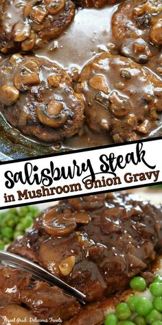 steak with mushrooms and gravy in a skillet on top of green peas