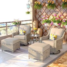 an outdoor patio with wicker furniture and flowers