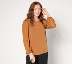 Look lovely in this luxe top featuring contrasting textured sleeves. Whether you're headed to happy hour or your bestie's birthday party, you'll arrive in standout style exuding confidence and feeling fabulous. From Susan Graver. Bestie Birthday, Susan Graver, Puffed Sleeves, Happy Hour, Knit Top, Puff Sleeve, Top Blouse, Birthday Party, Tops & Tees