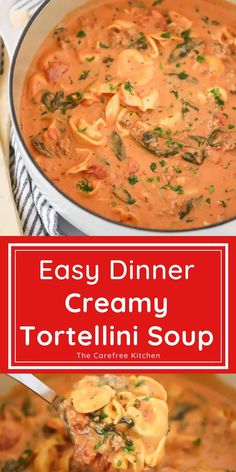 an easy dinner creamy tortellini soup in a white bowl