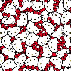 a bunch of hello kitty heads with red bows on them, all in the same pattern