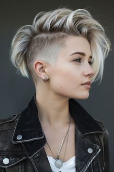 Ice Blonde Balayage 18 Girl Undercut Short Hair, Asimetric Haircut Short, Pixie Undercut Hairstyles Edgy, Asymmetrical Pixie Edgy, Icy Blonde Balayage, Edgy Short Haircuts, Undercut Long Hair, Balayage Blond, Icy Blonde