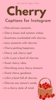 a pink poster with the words cherry captions for instagramm and cherries