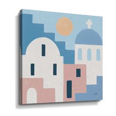 an abstract painting with buildings and a cross on the top is featured against a blue sky