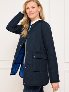 Our easygoing coat is the perfect last layer. Crafted in a collarless design with an eye-catching quilted finish. Detailed with button flap pockets. Features Long Sleeve Hits Below Hip Snap closure Button flap front pockets Lined Imported Fit: Misses: 31"; Petite: 29"; Plus: 32 1/2"; Plus Petite: 30 1/2" Material: 100% Polyester; Lining: 100% Polyester Care: Machine Wash Cold; Only Non-Chlorine Bleach When Needed; Turn Garment Inside Out; Tumble Dry Low; Cool Iron, If Needed | Quilted Collarless Coat Talbots Versatile Winter Outerwear With Button Closure, Versatile Winter Outerwear With Buttons, Winter Workwear Quilted Jacket With Snap Buttons, Winter Quilted Jacket With Snap Buttons For Work, Collarless Coat, Modern Classic, Flap Pocket, Inside Out, Turn Ons