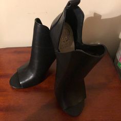 Nwot- Nice! Black Slip-on Heels With Stacked Heel, Black Open Toe Boots Medium Width, Synthetic Open Toe Boots With 4-inch Heel, Medium Width Open Toe Black Boots, Black Open Toe Boots With Reinforced Heel, Black Open Toe Synthetic Boots, Formal Open Toe Synthetic Boots, Vince Camuto Shoes, Shoes Color