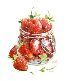 a painting of strawberries in a glass jar