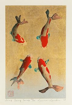 four koi fish are depicted in this antique print