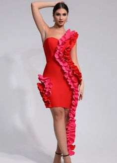 This Ruffled Decor One Shoulder Bandage Mini Dress is a trendy and chic choice for any occasion. Its unique ruffled design adds a touch of sophistication to the classic one shoulder style, making you stand out in the crowd. The rich red color adds a bold and playful touch to your look. Fabric: Medium Stretch Material: Polyester, Spandex Red Sleeveless One Shoulder Gala Dress, Red Sleeveless One Shoulder Dress For Gala, Red Sleeveless One-shoulder Dress For Gala, Fitted Red One Shoulder Dress For Gala, Spring Gala One Shoulder Dress With Ruffles, Elegant Red One-shoulder Evening Dress, Red Fitted One Shoulder Dress For Prom, Fitted Red One Shoulder Prom Dress, Red Fitted One-shoulder Prom Dress