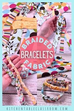 the braided bracelets are being held up by two hands with text overlay that reads braided bracelets fabric