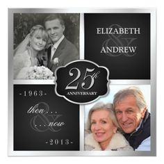 an anniversary card with two photos and the number twenty five on it, in black and silver