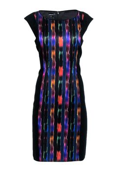 Current Boutique-Lafayette 148 - Black & Multi Striped Satin Sheath Dress Sz 10 Work Blazer, Sheath Dress, Round Neckline, Size 10, Date Night, Dresses For Work, Satin, Blazer, Silk