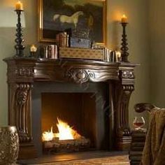 a living room with a fire place in the center and a mirror on top of it