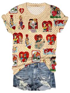 Retro Patchwork T-shirt For Spring, Cute Spring Tops With All Over Print, Vintage Multicolor Tops With Cartoon Print, Vintage Multicolor Top With Cartoon Print, Cute Crew Neck Tops With Patchwork, Fun All Over Print Tops For Spring, Spring Graphic Tee With Patchwork, Fun Spring Tops With All Over Print, Retro Crew Neck Patchwork Top