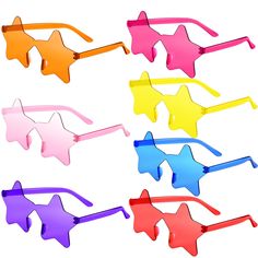 PRICES MAY VARY. MULTI-COLOR SET: 7 Pairs of star-shaped frameless sunglasses in 7 different colors, such as red, rose, pink, blue, purple, light yellow and orange, transparent candy colors help you match easily ONE SIZE FITS MOST: The fun sunglasses are about 14.1 cm / 5.55 inches wide and 6.6 cm / 2.6 inches tall, one size fits most adults, women, kids, boys, girls and more QUALITY MATERIAL: The neon star sunglasses are made of upgraded PC materials, more reliable and sturdy, not easily broken Star Shaped Goggles, Star Shaped Sunglasses, Sunglasses Party Favor, Bachelorette Sunglasses, Star Sunglasses, Star Accessories, Fun Sunglasses, Sunglasses Party, Frameless Sunglasses