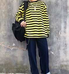 Free Shipping-RETRO YELLOW AND BLACK LONG SLEEVE TEE sold by NEW ARRIVAL on Storenvy Outfits With Yellow, Nonbinary Style, Yellow Tshirt, Black Long Sleeve Tee, Retro Yellow, Emo Outfits, Androgynous Fashion, Yellow And Black, Black Outfit