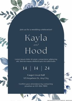 a wedding card with watercolor flowers and leaves on the front, in navy blue