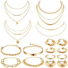 PRICES MAY VARY. Charm Gold Jewelry Set: the women's jewelry sets contains 4 pairs gold hoop earrings, 4 gold bangles bracelets for women, and 4 gold necklaces, enough quantity and different styles to fully meet your daily or party use, making you more elegant Reliable and Lightweight Material: the necklace and earring sets for women are mainly made of alloy, safe and reliable, hard to fade, lightweight and without causing a burden on your ears, neck and wrists; They can serve you for a long tim Teen Girl Jewelry, Gold Jewelry Set, Girl Punk, Small Gold Hoop Earrings, Pretty Jewelry Necklaces, Silver Gold Jewelry, Earring Sets, Gold Jewelry Sets, Women's Jewelry Sets