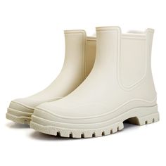 PRICES MAY VARY. Waterproof: These garden boots are waterproof and hard-smudged, durable, quick to rinse, waterproof, they have a thick, deep tread that provides excellent grip on any surface, allowing you to walk boldly on any surface. Material: Our boots are made of flexible, lightweight, crack-proof and non-slip rubber. The sole is a lug tread block heel with elastic panels on both sides for easy on-off for maximum comfort while walking, and plenty of room inside for socks in cold weather. Sc Nude Rain Boots, Ugh Rain Boots, Ankle Rain Boots Outfit, White Wellies, White Rain Boots, Stylish Rain Boots, Rain Boot Outfit, Heel Chelsea Boots, Women's Rain Boots