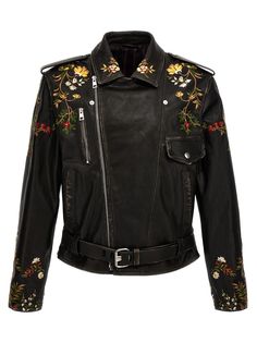 Vintage-effect leather biker jacket with floral embroidery, zip closure, pockets, belt at the waist, long sleeves. Composition: 100% leather | Etro Men's Nail Floral Embroidery in Black | SS24 Floral Leather Jacket, Painted Leather Jacket, Mens Nails, Floral Print Jacket, Smiley Emoji, Belted Jacket, Painting Leather, Brown Leather Jacket, Leather Biker Jacket