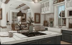 a large kitchen with an island and stove top