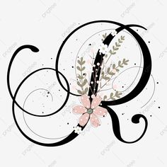 the letter g with flowers and leaves on it's side, in black and white