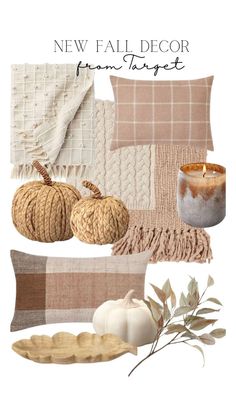 a collage of fall items including pumpkins, pillows and blankets