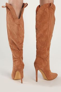 Step into the icon lifestyle with the Lulus Sayyna Tan Suede Pointed-Toe Knee-High Boots! Soft faux suede shapes these statement boots with a pointed-toe upper and a trendy seamed vamp. Shaft is 17.5"" for a knee high silhouette with two top pull tabs that meet a curved topline with an opening circumference of 14.5"". Classic stiletto heel lends some stylish height to your look! Slip-on design. 4" stiletto heel. Cushioned insole. Felted rubber sole has nonskid markings. Man made materials. Impor Statement Boots, Lulu Fashion, Stiletto Boots, Tan Suede, Heel Boots, High Heel Boots, Stiletto Heel, Knee High Boots, High Boots