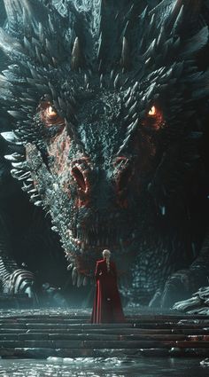 game of thrones character standing in front of a large dragon with glowing eyes and mouth