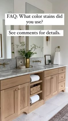 a bathroom vanity with two sinks and a mirror above it that says faq what color stains did you use? see comments for details