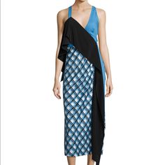 This Is A Bold, V Neckline With Contrast Ruffle Trim Cascading Down Front. Sleeveless; Asymmetric Shoulder Straps. Slim, Column Silhouette. Hem Hits Calves. Silk/Spandex. Blue Asymmetrical Dress For Spring, Pre-draped Asymmetrical Dress For Spring, Spring Midi Dress With Asymmetrical Hem And Pre-draped Style, Spring Asymmetrical Pre-draped Dress, Spring Midi Dress With Asymmetrical Pre-draped Hem, Frayed Dress, 70s Retro Style, Diane Von Furstenberg 70s, Diane Von Furstenberg Wrap Dress 2022