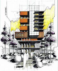 an architectural drawing of a building with lots of windows and balconies on it