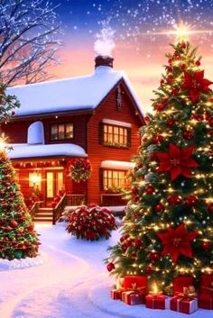 two christmas trees in front of a house with presents on the ground and snow covered ground