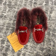 Beautiful New With Tags Diamond Detailing. Fur In The Back. Open To Reasonable Offers. Size 34 Can Fit 35 As Well Red Slip-on Loafers With Pointed Toe, Luxury Red Women's Loafers, Luxury Red Plain Toe Loafers, Suede Loafers Women, Red Pointed Toe Slip-on Loafers, Luxury Red Slip-on Loafers, Black Suede Loafers, Buckle Loafers, Leather Boat Shoes