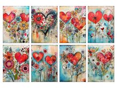 four different paintings with hearts and flowers on the sides, all painted in bright colors